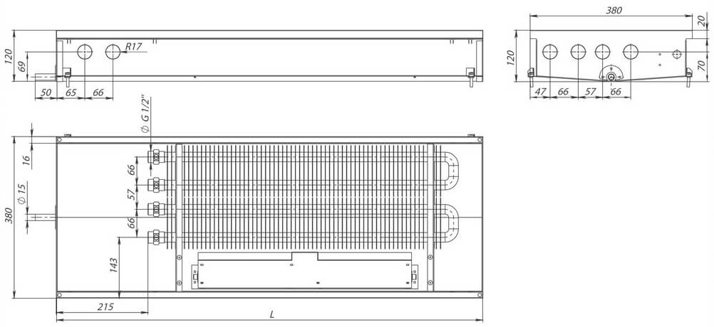 konvektory carrera cv2 hydro 120 prinuditelnaya konvektsiya dva teploobmennika 380x120mm s drenazhnym otverstiemrazmery