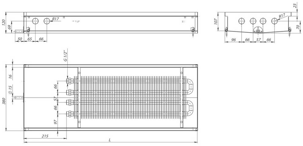 konvektory carrera s2 hydro 120 estestvennaya konvektsiya dva teploobmennika 380x120mm s drenazhnym otverstiemrazmery