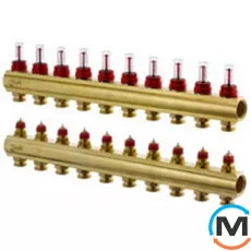 Коллектор Danfoss FHF-5F с расходомерами 5+5, Количество выходов: 5, Тип коллектора: С расходомерами, Диаметр вход/выход: 1", Диаметр подводов: 3/4", Резьба подводов: Евроконус, фото 