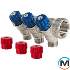 Коллектор для воды Valtec 4 в. х1"х1/2" Никель, Количество выходов: 4, Тип коллектора: С вентилем, Диаметр вход/выход: 1", Диаметр подводов: 1/2", Резьба подводов: Трубная, Материал коллектора: Латунь, фото 