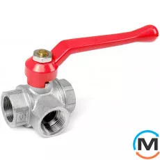 Кран кульовий Valtec 3-хід. Г-обр. 3/4", Варіант: Г-подібний, Тип різьблення: Внутрішня/Внутрішня/Внутрішня, Діаметр різьблення: 3/4", Виконання: Триходовий, Тип ручки: Ручка, Робочий тиск (бар): 40, Матеріал: Латунь, фото 