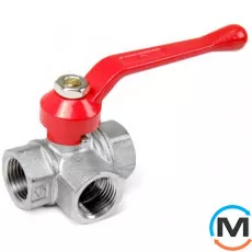 Кран кульовий Valtec 3-хід. Т-обр. 3/4", Варіант: Т-подібний, Тип різьблення: Внутрішня/Внутрішня/Внутрішня, Діаметр різьблення: 3/4", Виконання: Триходовий, Тип ручки: Ручка, Робочий тиск (бар): 40, Матеріал: Латунь, фото 