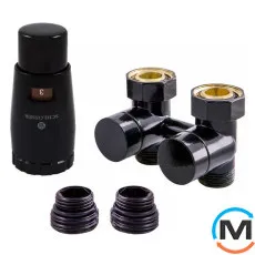 Комплект Schlosser эксклюзивных узлов прямой GZ 3/4 x M 22х1,5 2 шт ниппеля термоголовка MINI RAL9005 черный мат, фото 