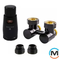 Комплект Schlosser эксклюзивных узлов угловой GZ 3/4 x M 22х1,5 2 шт ниппеля термоголовка MINI RAL9005 черный мат, фото 