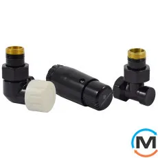 Комплект Schlosser термостатический GZ1/2 x GW1/2 осевой левый с головкой Mini M30x1,5 RAL9005 черный мат, фото 