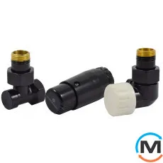 Комплект Schlosser термостатический GZ1/2 x GW1/2 осевой правый с головкой Mini M30x1,5 RAL9005 черный мат, фото 