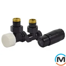 Комплект термостатический Schlosser GZ1/2 x GW1/2 угловой с головкой Mini M30x1,5 RAL9005 черный мат, фото 