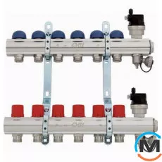 Коллектор Fiv для отопления  9 вых., Количество выходов: 9, Тип коллектора: С термоклапанами, Диаметр вход/выход: 1", Диаметр подводов: 3/4", Резьба подводов: Евроконус, фото 