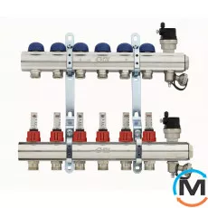 Коллектор Fiv для теплого пола  4 вых., Количество выходов: 4, Тип коллектора: С расходомерами, Диаметр вход/выход: 1", Диаметр подводов: 3/4", Резьба подводов: Евроконус, фото 