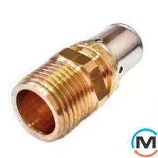 Пресс соединение Valsir с наружной резьбой 16х1/2", Тип резьбы: Наружная, Диаметр резьбы: 1/2", Назначение труб: Универсальная, Диаметр (мм): 16, Рабочее давление (бар): 10, Материал: Латунь, фото 