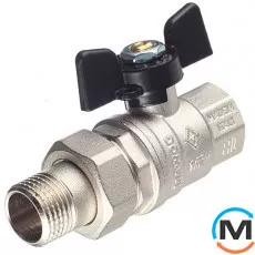 Кран кульовий Bugatti американка вн.-нар. 1/2" PN 40, Тип різьблення: Внутрішня/Зовнішня, Діаметр різьблення: 1/2", Виконання: Прямий, Тип ручки: Метелик, Робочий тиск (бар): 40, Матеріал: Латунь, фото 