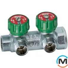 Регулирующий коллектор FAR 2 отвода 1"x3/4"TP, Тип резьбы: Внутренняя/Наружная, Количество выходов: 2, Тип коллектора: С вентилем, Диаметр вход/выход: 1", Диаметр подводов: 3/4", Резьба подводов: Трубная, Материал коллектора: Латунь, фото 