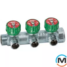 Регулирующий коллектор FAR 3 отвода 1" МР, Тип резьбы: Внутренняя/Наружная, Количество выходов: 3, Тип коллектора: С вентилем, Диаметр вход/выход: 1", Диаметр подводов: 3/4", Резьба подводов: Метрическая, Материал коллектора: Латунь, фото 