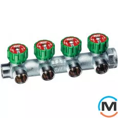 Регулирующий коллектор FAR 4 отвода 3/4" МР, Тип резьбы: Внутренняя/Наружная, Количество выходов: 4, Тип коллектора: С вентилем, Диаметр вход/выход: 3/4", Диаметр подводов: 3/4", Резьба подводов: Метрическая, Материал коллектора: Латунь, фото 