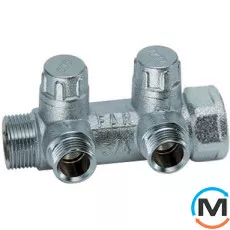 Запорный коллектор FAR 2 отвода 1"x3/4", Количество выходов: 2, Тип коллектора: С вентилем, Диаметр вход/выход: 1", Диаметр подводов: 3/4", Резьба подводов: Евроконус, Материал коллектора: Латунь, фото 