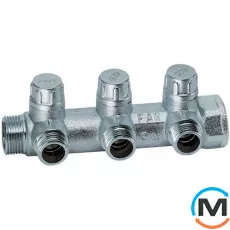 Запорный коллектор FAR 4 отвода 1" MP, Количество выходов: 4, Тип коллектора: С вентилем, Диаметр вход/выход: 1", Диаметр подводов: 3/4", Резьба подводов: Метрическая, Материал коллектора: Латунь, фото 