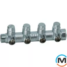 Запорный коллектор FAR 4 отвода 1"x3/4", Количество выходов: 4, Тип коллектора: С вентилем, Диаметр вход/выход: 1", Диаметр подводов: 3/4", Резьба подводов: Евроконус, Материал коллектора: Латунь, фото 