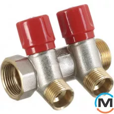 Коллектор Bianchi с вентелями  Ø3/4" х 2 х 1/2"ЗР  хром (красный)  I=36 мм, Цвет: Красный, Количество выходов: 2, Тип коллектора: С вентилем, Диаметр вход/выход: 3/4", Диаметр подводов: 1/2", Резьба подводов: Трубная, фото 