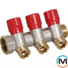 Коллектор Bianchi с вентелями  Ø3/4" х 3 х 1/2"ЗР  хром (красный)  I=36 мм, Цвет: Красный, Количество выходов: 3, Тип коллектора: С вентилем, Диаметр вход/выход: 3/4", Диаметр подводов: 1/2", Резьба подводов: Трубная, фото 