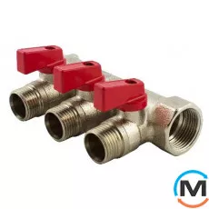 Коллектор Bianchi с шаровыми кранами  Ø1" х 3 х 3/4"ЗР  (красный)  I=45 мм, Цвет: Красный, Количество выходов: 3, Тип коллектора: С шаровым краном, Диаметр вход/выход: 1", Диаметр подводов: 3/4", Резьба подводов: Трубная, фото 