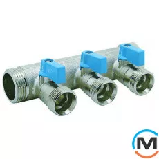 Коллектор Bianchi с шаровыми кранами  Ø1" х 3 х 3/4"ЗР  (синий)  I=45 мм, Цвет: Синий, Количество выходов: 3, Тип коллектора: С шаровым краном, Диаметр вход/выход: 1", Диаметр подводов: 3/4", Резьба подводов: Трубная, фото 