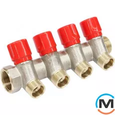 Коллектор Bianchi с вентелями  Ø3/4" х 4 х 1/2"ЗР  хром (красный)  I=36 мм, Цвет: Красный, Количество выходов: 4, Тип коллектора: С вентилем, Диаметр вход/выход: 3/4", Диаметр подводов: 1/2", Резьба подводов: Трубная, фото 