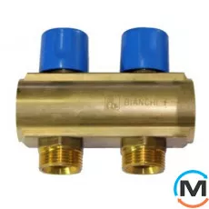 Коллектор Bianchi с вентелями  Ø1" х 2 х 3/4"ЗР  (синий)  I=50 мм, Цвет: Синий, Количество выходов: 2, Тип коллектора: С вентилем, Диаметр вход/выход: 1", Диаметр подводов: 3/4", Резьба подводов: Евроконус, фото 