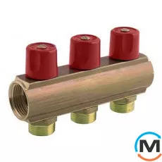 Коллектор Bianchi с вентелями  Ø1" х 3 х 3/4"ЗР  (красный)  I=50 мм, Цвет: Красный, Количество выходов: 3, Тип коллектора: С вентилем, Диаметр вход/выход: 1", Диаметр подводов: 3/4", Резьба подводов: Евроконус, фото 