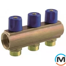 Коллектор Bianchi с вентелями  Ø1" х 3 х 3/4"ЗР  (синий)  I=50 мм, Цвет: Синий, Количество выходов: 3, Тип коллектора: С вентилем, Диаметр вход/выход: 1", Диаметр подводов: 3/4", Резьба подводов: Евроконус, фото 