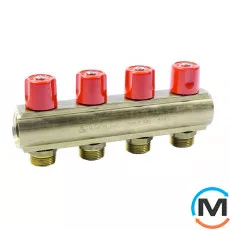 Коллектор Bianchi с вентелями  Ø1" х 4 х 3/4"ЗР  (красный)  I=50 мм, Цвет: Красный, Количество выходов: 4, Тип коллектора: С вентилем, Диаметр вход/выход: 1", Диаметр подводов: 3/4", Резьба подводов: Евроконус, фото 
