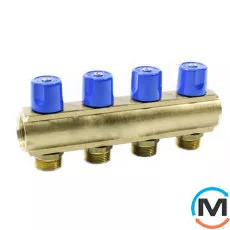 Коллектор Bianchi с вентелями  Ø1" х 4 х 3/4"ЗР  (синий)  I=50 мм, Цвет: Синий, Количество выходов: 4, Тип коллектора: С вентилем, Диаметр вход/выход: 1", Диаметр подводов: 3/4", Резьба подводов: Евроконус, фото 
