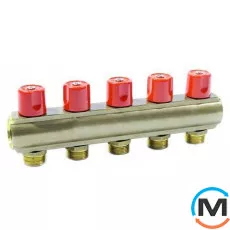 Коллектор Bianchi с вентелями  Ø1" х 5 х 3/4"ЗР  (красный)  I=50 мм, Цвет: Красный, Количество выходов: 5, Тип коллектора: С вентилем, Диаметр вход/выход: 1", Диаметр подводов: 3/4", Резьба подводов: Евроконус, фото 