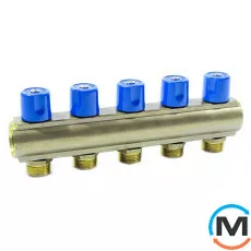 Коллектор Bianchi с вентелями  Ø1" х 5 х 3/4"ЗР  (синий)  I=50 мм, Цвет: Синий, Количество выходов: 5, Тип коллектора: С вентилем, Диаметр вход/выход: 1", Диаметр подводов: 3/4", Резьба подводов: Евроконус, фото 