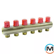 Коллектор Bianchi с вентелями  Ø1" х 6 х 3/4"ЗР  (красный)  I=50 мм, Цвет: Красный, Количество выходов: 6, Тип коллектора: С вентилем, Диаметр вход/выход: 1", Диаметр подводов: 3/4", Резьба подводов: Евроконус, фото 