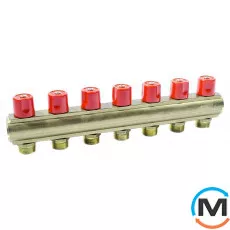 Коллектор Bianchi с вентелями  Ø1" х 7 х 3/4"ЗР  (красный)  I=50 мм, Цвет: Красный, Количество выходов: 7, Тип коллектора: С вентилем, Диаметр вход/выход: 1", Диаметр подводов: 3/4", Резьба подводов: Евроконус, фото 
