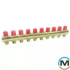 Коллектор Bianchi с вентелями  Ø1" х 10 х 3/4"ЗР  (красный)  I=50 мм, Цвет: Красный, Количество выходов: 10, Тип коллектора: С вентилем, Диаметр вход/выход: 1", Диаметр подводов: 3/4", Резьба подводов: Евроконус, фото 