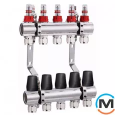 Коллектор Djoul с запорными клапанами и расходометрами 11 выходов, Количество выходов: 11, Тип коллектора: С расходомерами, Диаметр вход/выход: 1", Диаметр подводов: 3/4", Резьба подводов: Евроконус, фото 