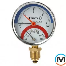 Термоманометр Tervix Pro Line 80/0-10 бар, 0-120 С, радіальний, з монтажним клапаном R1/2", Виконання: Радіальний (Вертикальний), Робочий тиск (бар): 10, фото 
