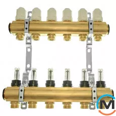 Коллектор Meibes Rossweiner на 10 контуров с расходомерами (латунный), Количество выходов: 10, Тип коллектора: С расходомерами, Диаметр вход/выход: 1", Диаметр подводов: 3/4", Резьба подводов: Евроконус, Материал коллектора: Латунь, фото 