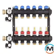 Коллектор Afriso ProCalida EF1/2 (2 контура), Количество выходов: 2, Тип коллектора: С расходомерами, Диаметр вход/выход: 1", Диаметр подводов: 3/4", Резьба подводов: Евроконус, фото 