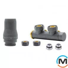Комплект радіаторний Heat Base Duo-Plex, 3/4 x 15 mm Cu, кутовий лівий, 2 шт ніпеля, графіт, Колір: Графіт, Варіант: Лівий, Модифікація: Під Г-подібну трубку (Cu), фото 