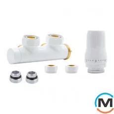 Комплект радіаторний Heat Base Duo-Plex, 3/4 x 16x2 mm PEX, кутовий правий, 2 шт ніпеля, білий, Колір: Білий, Варіант: Правий, Модифікація: Під трубу (PEX), фото 