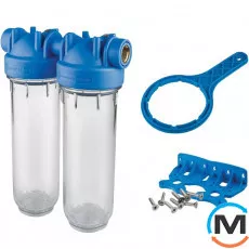 Фільтр-колби Atlas Filtri DP DUO TS (прозорі) Ø1" OT (латунь) 10" 45° 8 bar KIT, Діаметр різьблення: 1", Типорозмір: 10", Кількість колб: 2 колби, фото 