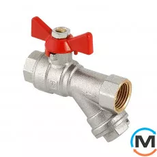 Кран кульовий метелик Valtec з фільтром вн.-вн. 1/2", Тип різьблення: Внутрішня/Внутрішня, Діаметр різьблення: 1/2", Модифікація: Фільтр прямий, Виконання: Прямий, Тип ручки: Метелик, Робочий тиск (бар): 20, Матеріал: Латунь, фото 
