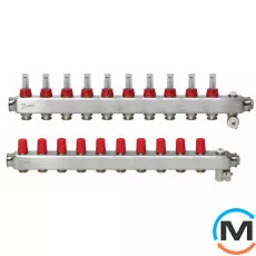 Коллектор из нержавеющей стали Danfoss 10+10 с ротаметрами SSM-10F, Количество выходов: 10, Тип коллектора: С расходомерами, фото 
