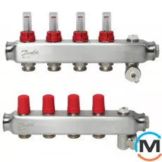 Коллектор из нержавеющей стали Danfoss 4+4 с ротаметрами SSM-4F, Количество выходов: 4, Тип коллектора: С расходомерами, фото 