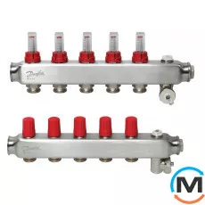 Коллектор из нержавеющей стали Danfoss 5+5 с ротаметрами SSM-5F, Количество выходов: 5, Тип коллектора: С расходомерами, фото 