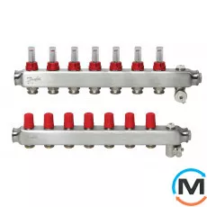 Коллектор из нержавеющей стали Danfoss 7+7 с ротаметрами SSM-7F, Количество выходов: 7, Тип коллектора: С расходомерами, фото 
