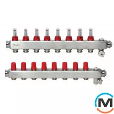 Коллектор из нержавеющей стали Danfoss 8+8 с ротаметрами SSM-8F, Количество выходов: 8, Тип коллектора: С расходомерами, фото 