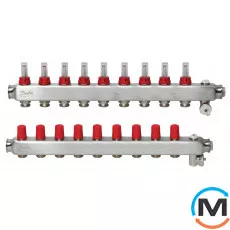 Коллектор из нержавеющей стали Danfoss 9+9 с ротаметрами SSM-9F, Количество выходов: 9, Тип коллектора: С расходомерами, фото 
